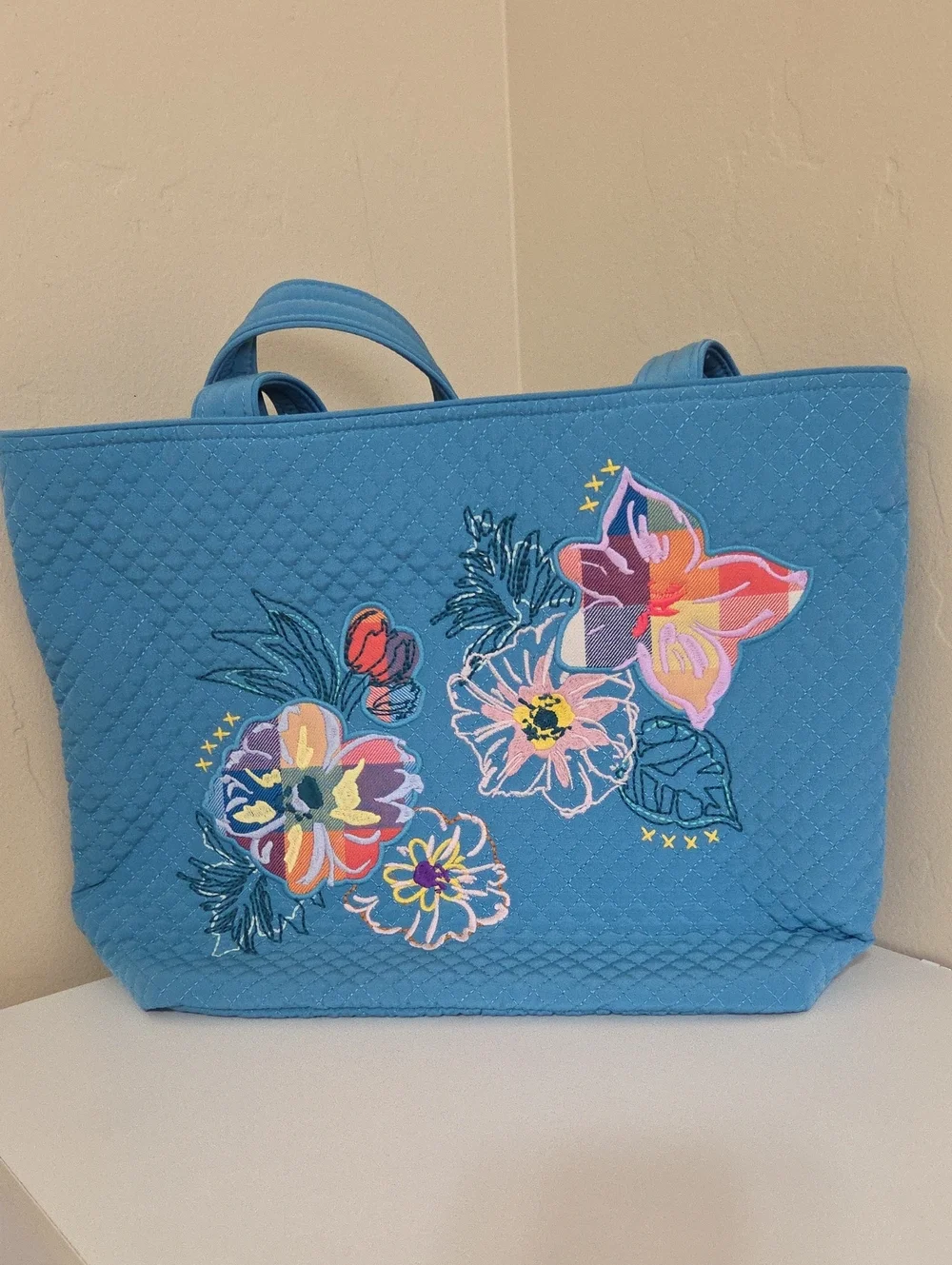 Vera Bradley Tote Bag Turquoise Blue With Flowers
